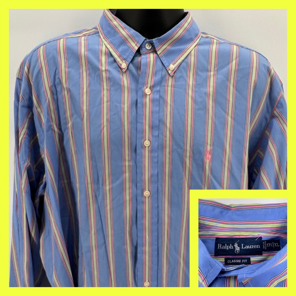 Ralph‎ Lauren Classic Fit Striped Button Down Shirt Men XL Blue Pink Yellow